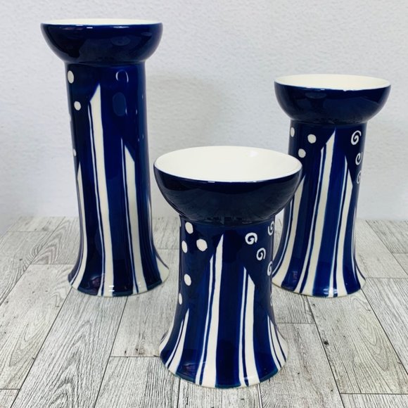 VTG Set of 3 Pacific Rim Candle Holders Blue White Ceramic Taper Candlestick - Picture 13 of 14